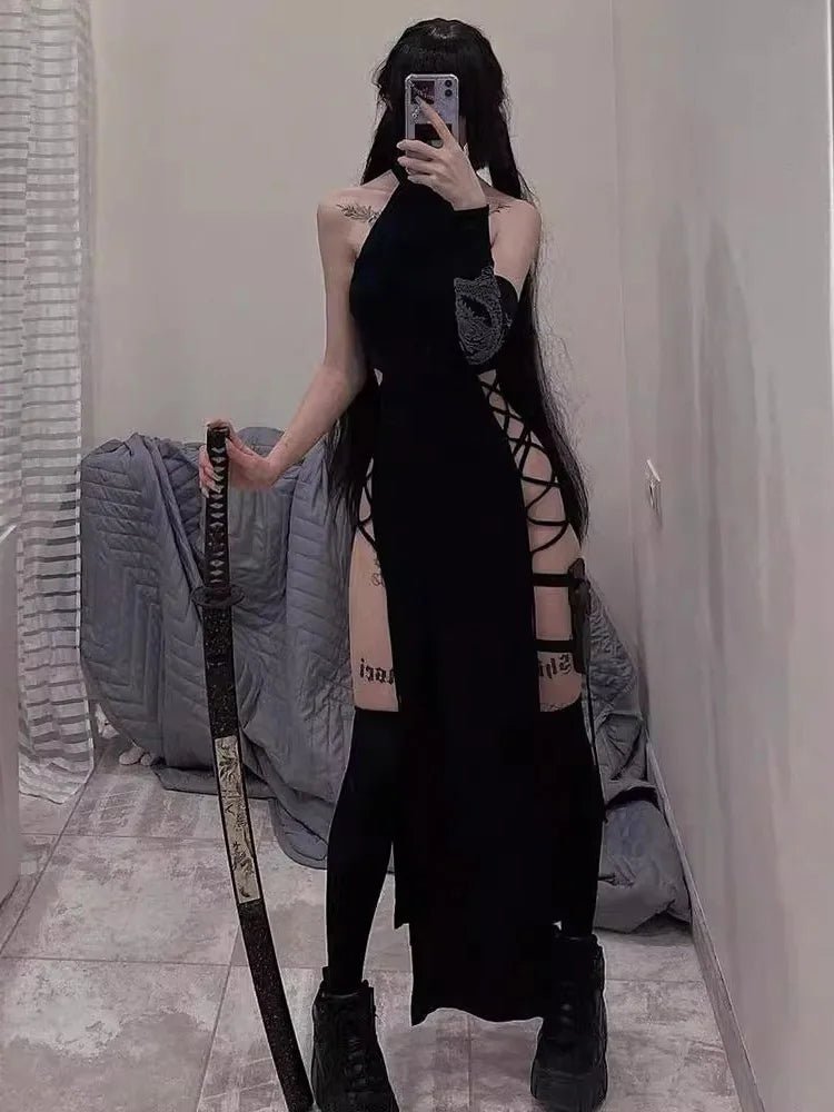 Goth Dark Cosplay High Split Sexy Bandage Women Dresses Y2K Mall Gothic Halter Slim Midi Dress Black Grunge Style Alt Partywear