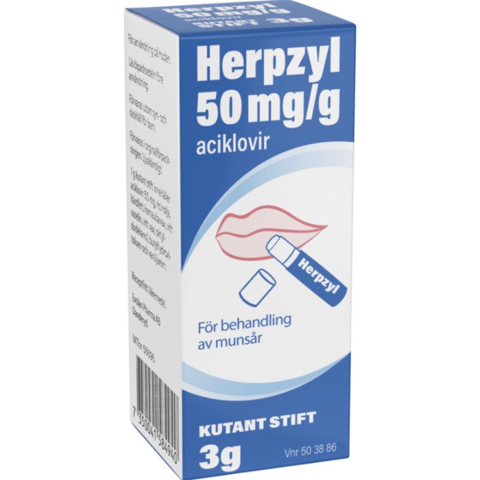Herpzyl 50 mg/g packaging with blue and white design on a white background