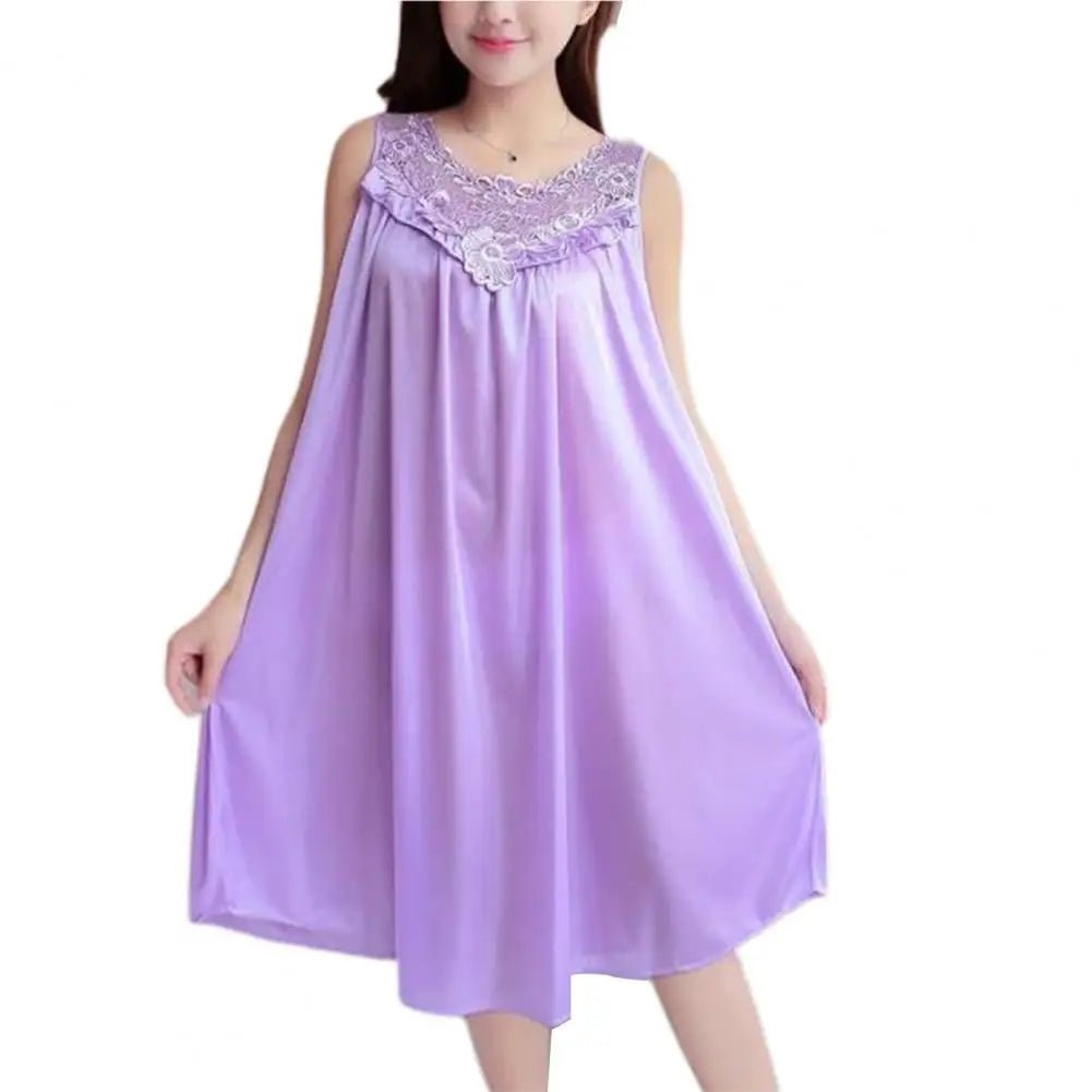 Ice Silk Satin Women Nightgown Sleeveless Lace Stitching Large Sexy Night Dress Sleepwear Female Nightgown Women Sleeping Dress