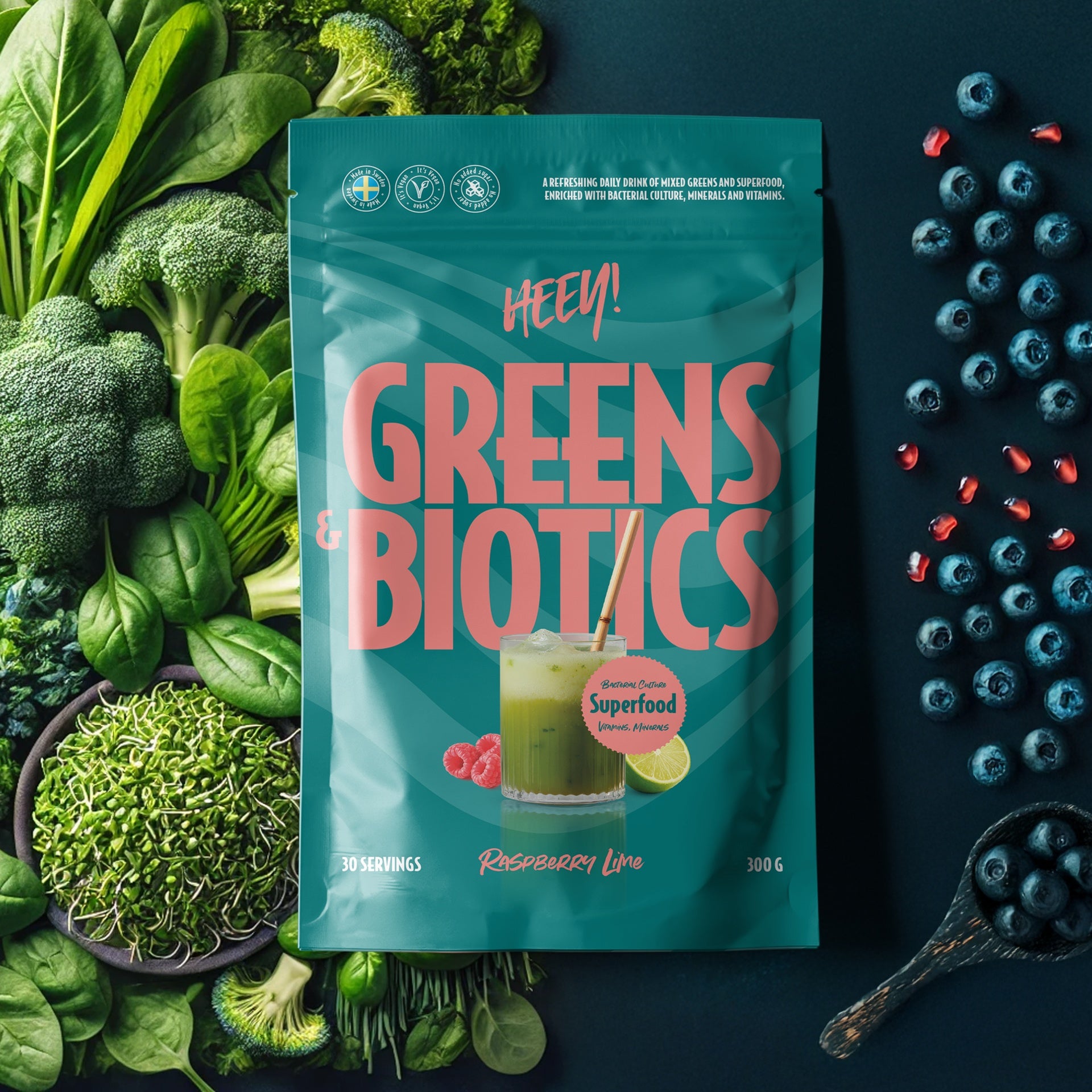 Hey! Greens & Biotics Superfood Raspberry Lime 300 g