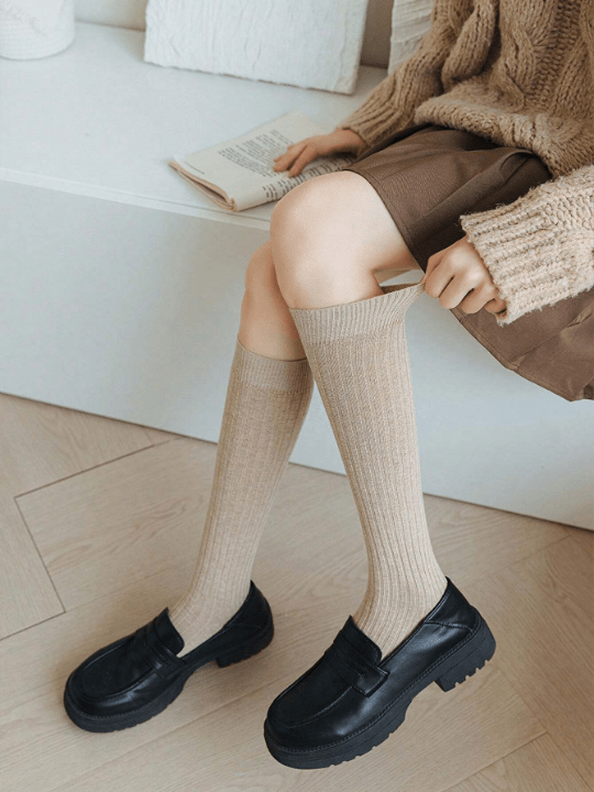 Khaki Vertical Striped Thick Calf Socks, High Tube, Pure Color, Fashionable, Slimming, Suitable For Daily Use - Lolli World Marketplace