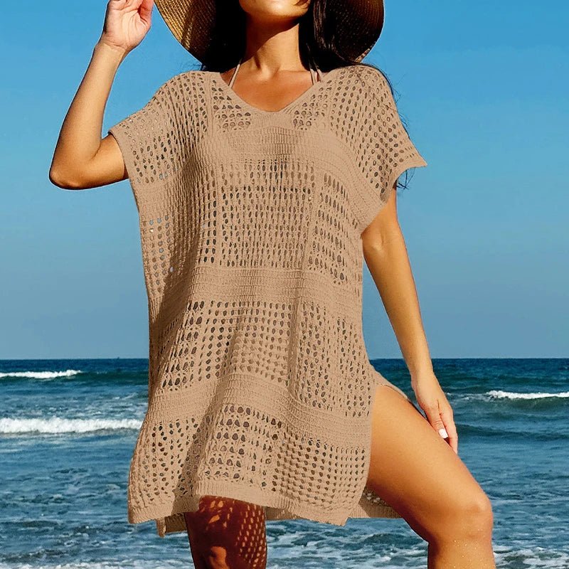 Knitting V - Neck Sexy Hollow Out Beach Bikini Cover - Ups Ladies Summer Vacation Casual Loose Beachwear Sunscreen Smock