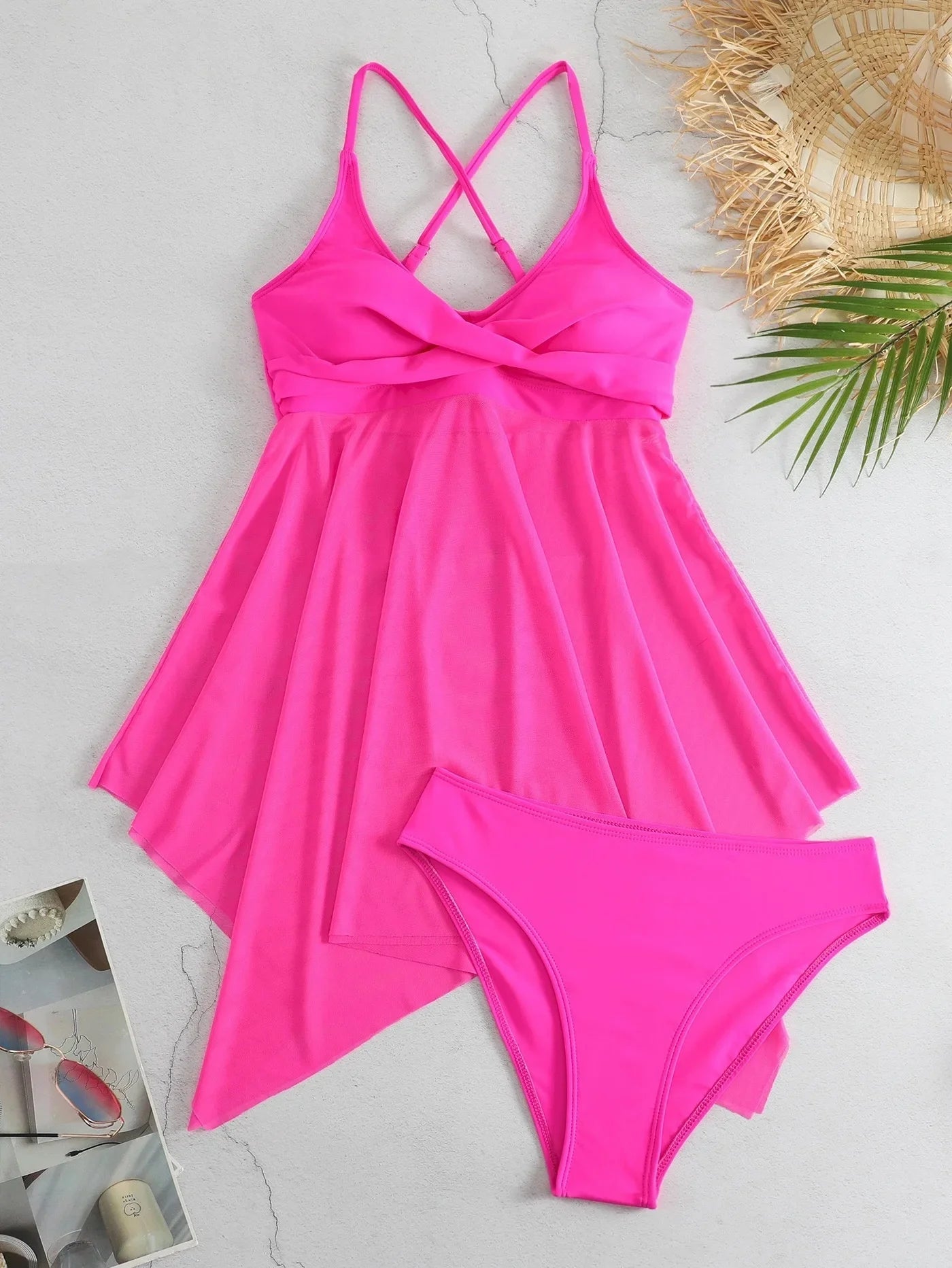 Ladies High - Waist Bikini Set Netting Swimsuit Separate Double Strap Cross Top for Beach Swimwear Casual Fashion Women's Clothing