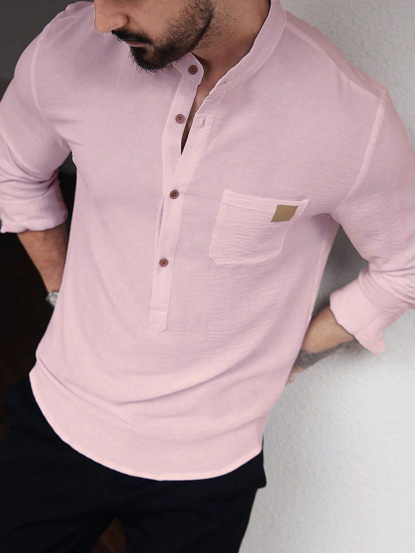 Manfinity CasualCool Men's Solid Color Plain Front Button Long Sleeve Pocket Simple Casual Shirt,White Button Up, For Going Out