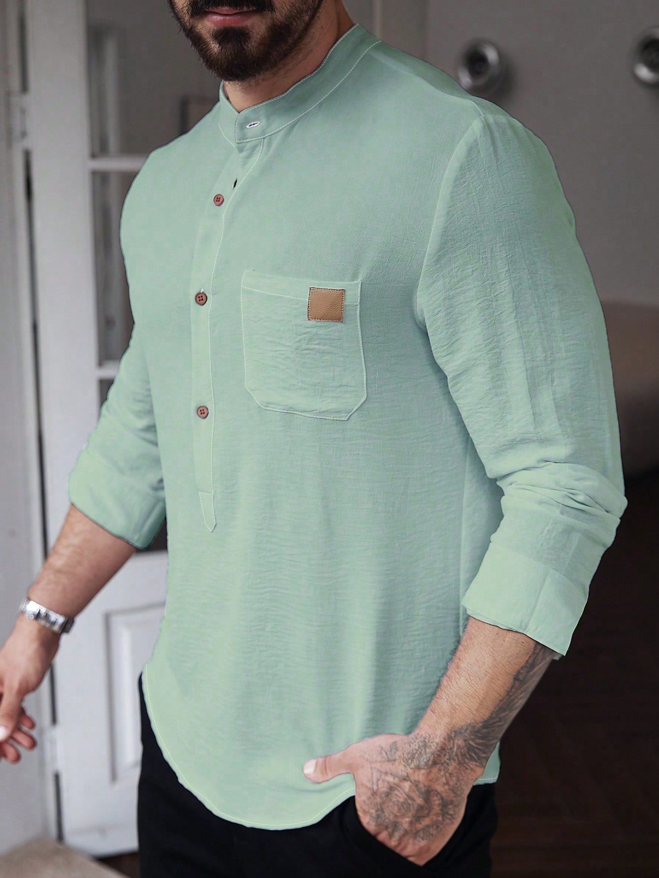 Manfinity CasualCool Men's Solid Color Plain Front Button Long Sleeve Pocket Simple Casual Shirt,White Button Up, For Going Out
