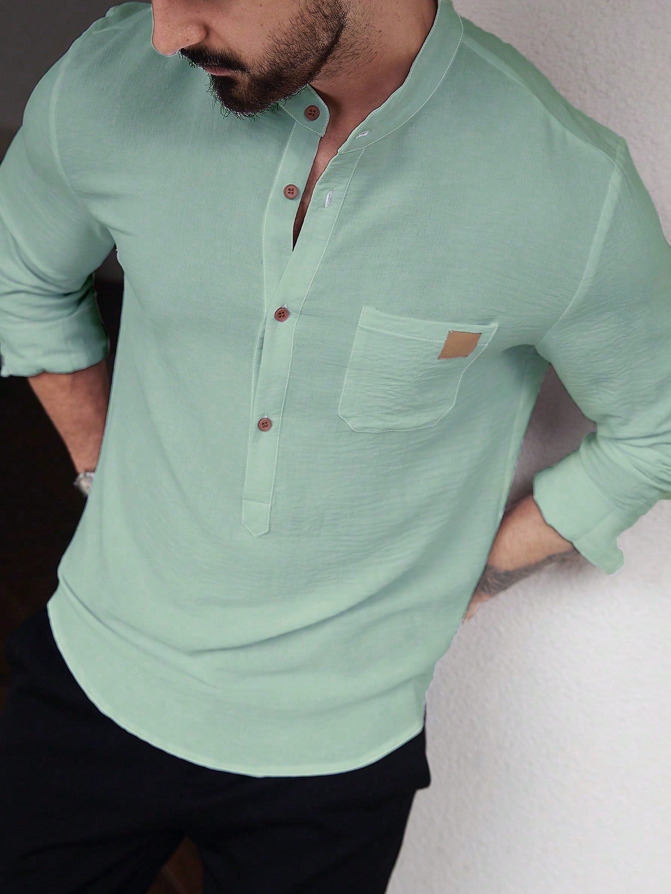 Manfinity CasualCool Men's Solid Color Plain Front Button Long Sleeve Pocket Simple Casual Shirt,White Button Up, For Going Out