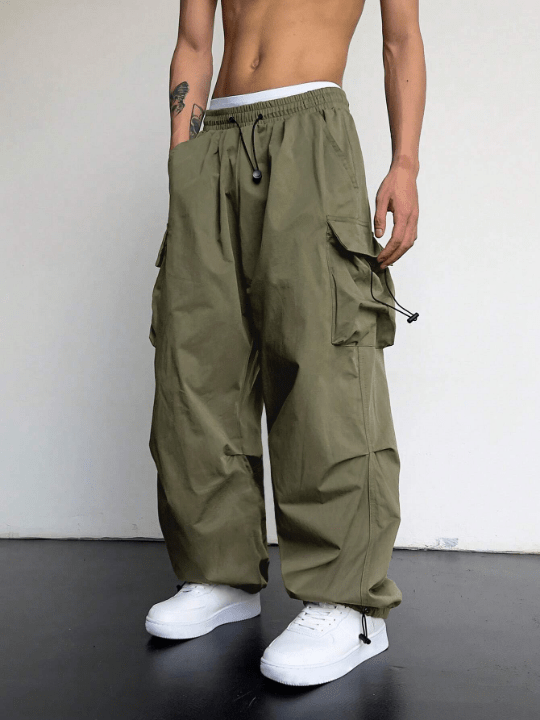 Manfinity EMRG Men Flap Pocket Side Drawstring Waist Oversize Cargo Pants - Lolli World Marketplace