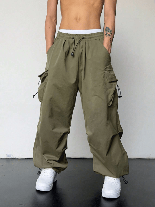Manfinity EMRG Men Flap Pocket Side Drawstring Waist Oversize Cargo Pants - Lolli World Marketplace