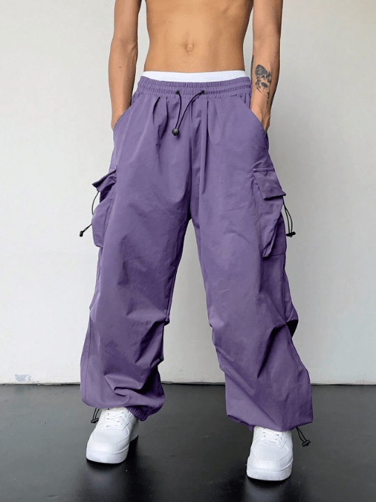 Manfinity EMRG Men Flap Pocket Side Drawstring Waist Oversize Cargo Pants - Lolli World Marketplace