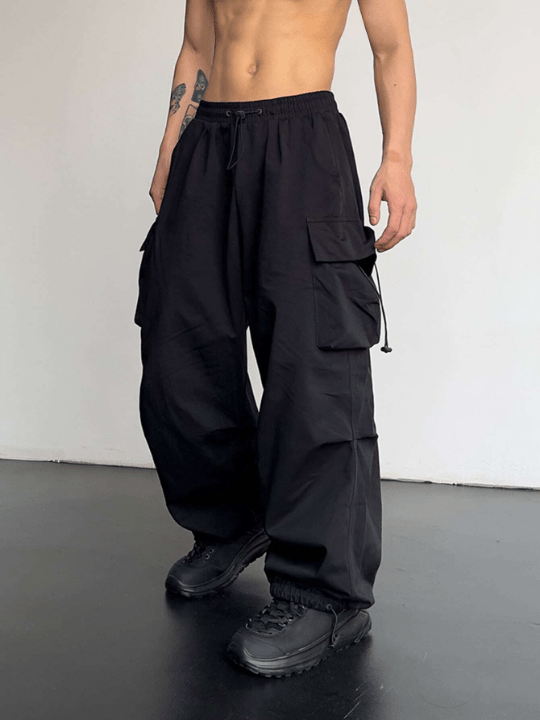 Manfinity EMRG Men Flap Pocket Side Drawstring Waist Oversize Cargo Pants - Lolli World Marketplace