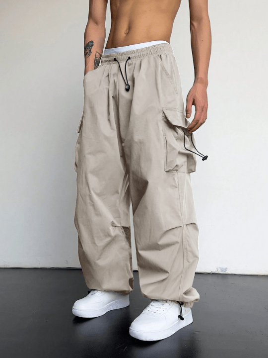 Manfinity EMRG Men Flap Pocket Side Drawstring Waist Oversize Cargo Pants - Lolli World Marketplace