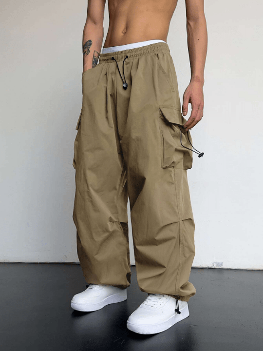 Manfinity EMRG Men Solid Flap Pocket Drawstring Waist Loose Cargo Pants - Lolli World Marketplace