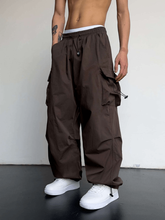 Manfinity EMRG Men Solid Flap Pocket Drawstring Waist Oversized Cargo Pants - Lolli World Marketplace
