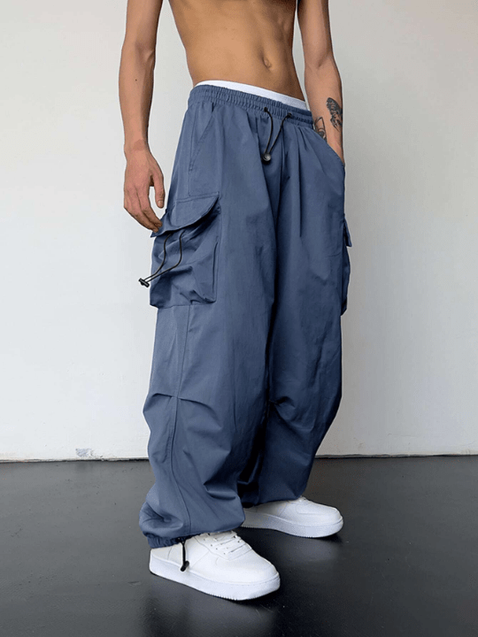 Manfinity EMRG Men Solid Flap Pocket Drawstring Waist Oversized Cargo Pants - Lolli World Marketplace