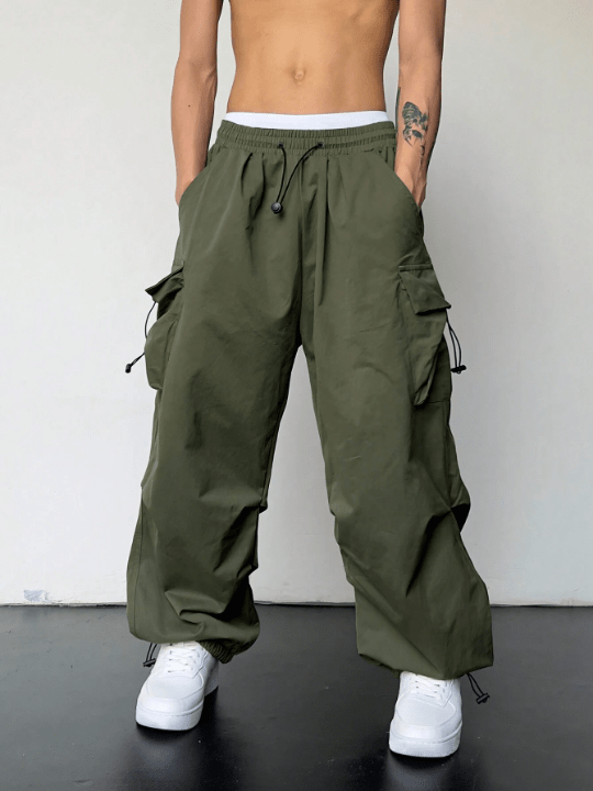 Manfinity EMRG Men Solid Flap Pocket Drawstring Waist Oversized Cargo Pants - Lolli World Marketplace