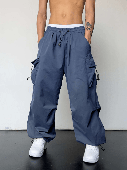 Manfinity EMRG Men Solid Flap Pocket Drawstring Waist Oversized Cargo Pants - Lolli World Marketplace