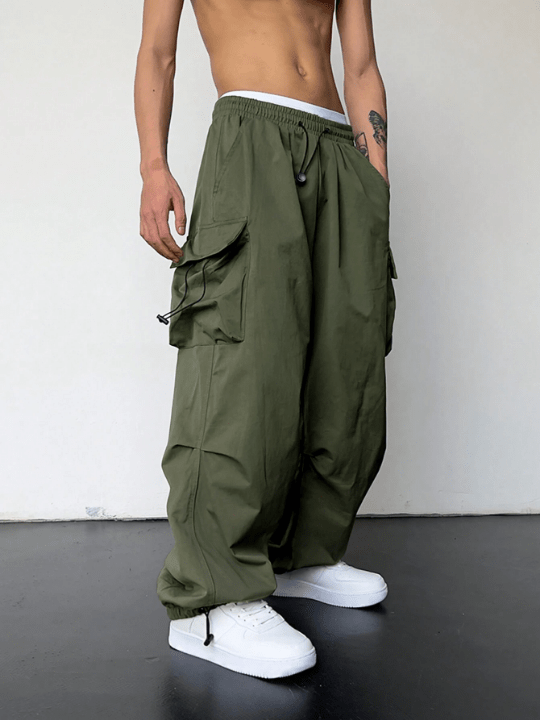 Manfinity EMRG Men Solid Flap Pocket Drawstring Waist Oversized Cargo Pants - Lolli World Marketplace