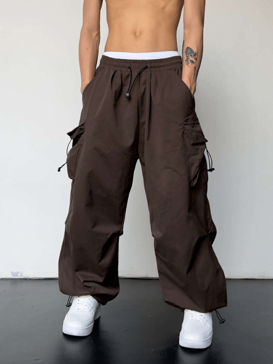 Manfinity EMRG Men Solid Flap Pocket Drawstring Waist Oversized Cargo Pants - Lolli World Marketplace