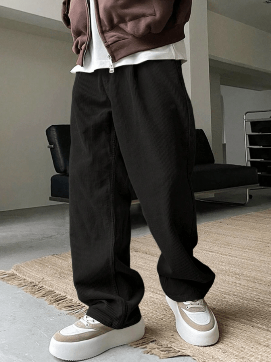 Manfinity Homme Loose - Fit Men's Solid Color Straight Leg Pants With Slant Pockets - Lolli World Marketplace