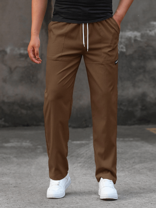 Manfinity Homme Loose Fit Men's Straight Leg Pants With Letter Patch And Drawstring Waist - Lolli World Marketplace