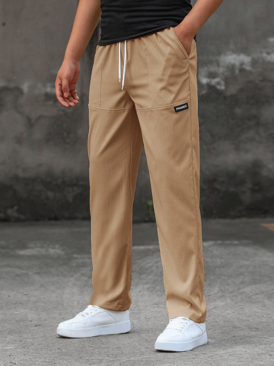 Manfinity Homme Loose - Fit Men's Straight - Leg Pants With Letter Patches And Drawstring Waist - Lolli World Marketplace