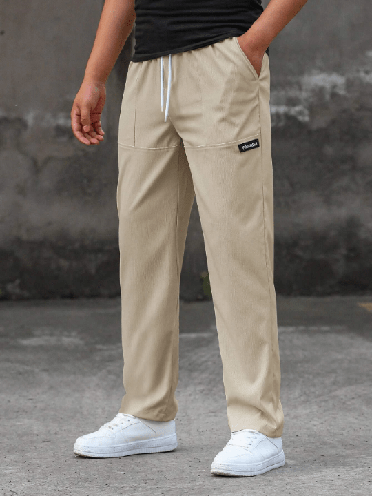Manfinity Homme Loose Men's Letter Patch Detail Drawstring Waist Straight Leg Pants - Lolli World Marketplace