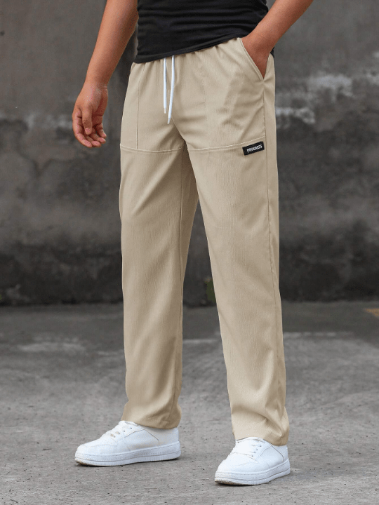 Manfinity Homme Loose Men's Letter Patch Detail Drawstring Waist Straight Leg Pants - Lolli World Marketplace