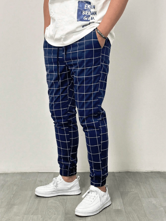 Manfinity Homme Men Grid Print Drawstring Waist Pants - Lolli World Marketplace