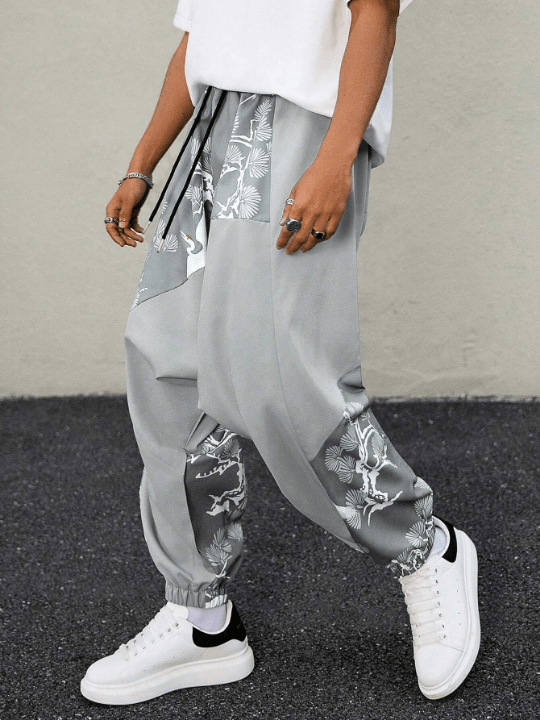 Manfinity Homme Men's Printed Patchwork Drop Crotch Joggers With Elastic Cuffs - Lolli World Marketplace