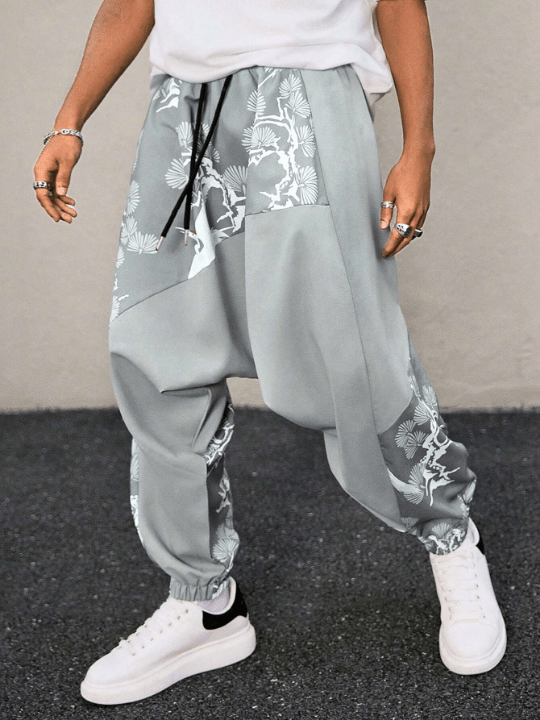 Manfinity Homme Men's Printed Patchwork Drop Crotch Joggers With Elastic Cuffs - Lolli World Marketplace
