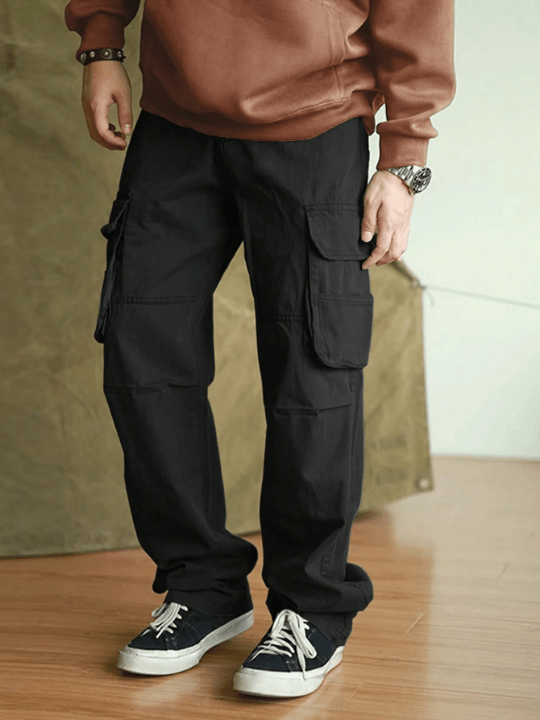 Manfinity Hypemode Loose Fit Men's Solid Color Flip - Pocket Long Pants - Lolli World Marketplace
