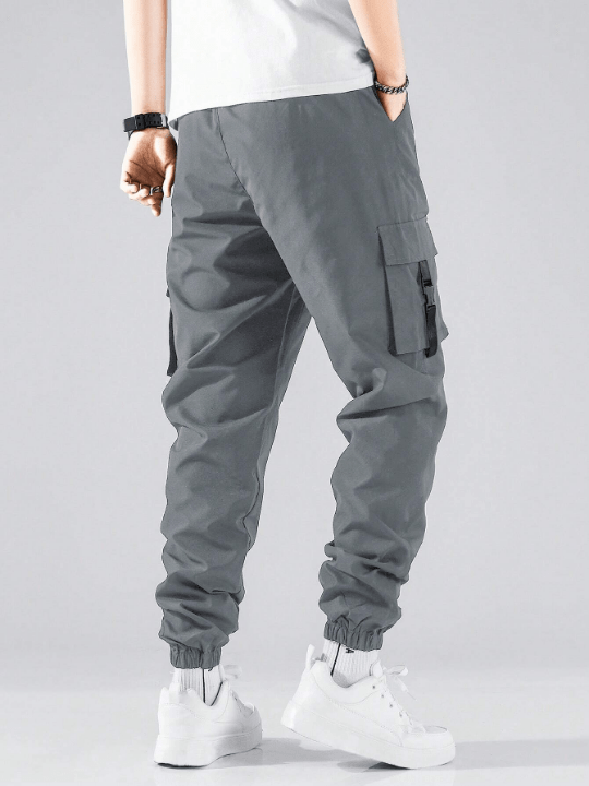 Manfinity Hypemode Men Letter Graphic Buckle Detail Flap Pocket Drawstring Waist Cargo Pants - Lolli World Marketplace