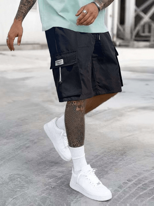 Manfinity LEGND Loose - Fit Men's Letter Patched Detail Cargo Shorts With Flap Pockets, Side Drawstring Waist - Lolli World Marketplace