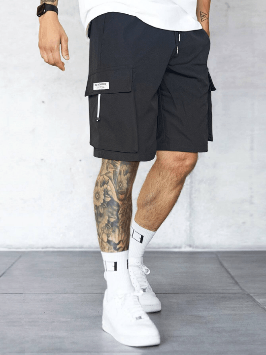 Manfinity LEGND Loose - Fit Men's Letter Patched Detail Cargo Shorts With Flap Pockets, Side Drawstring Waist - Lolli World Marketplace