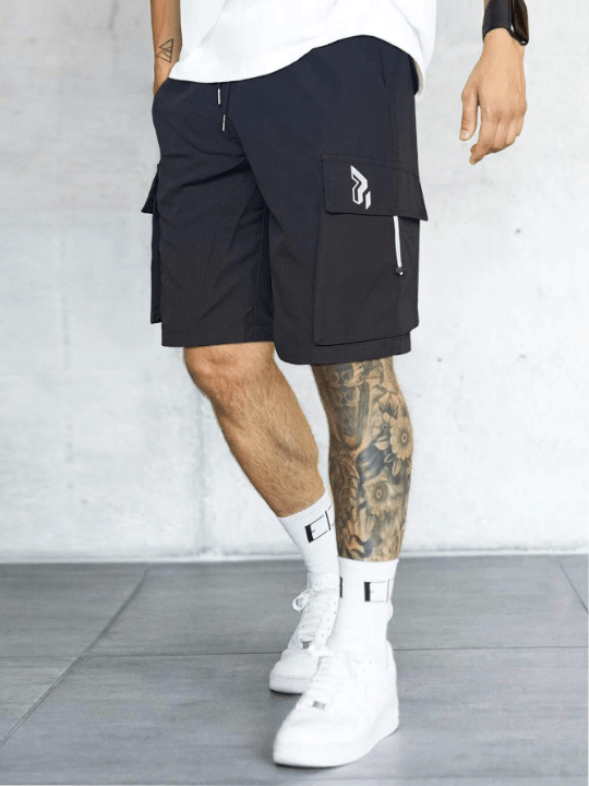 Manfinity LEGND Loose - Fit Men's Letter Patched Detail Cargo Shorts With Flap Pockets, Side Drawstring Waist - Lolli World Marketplace