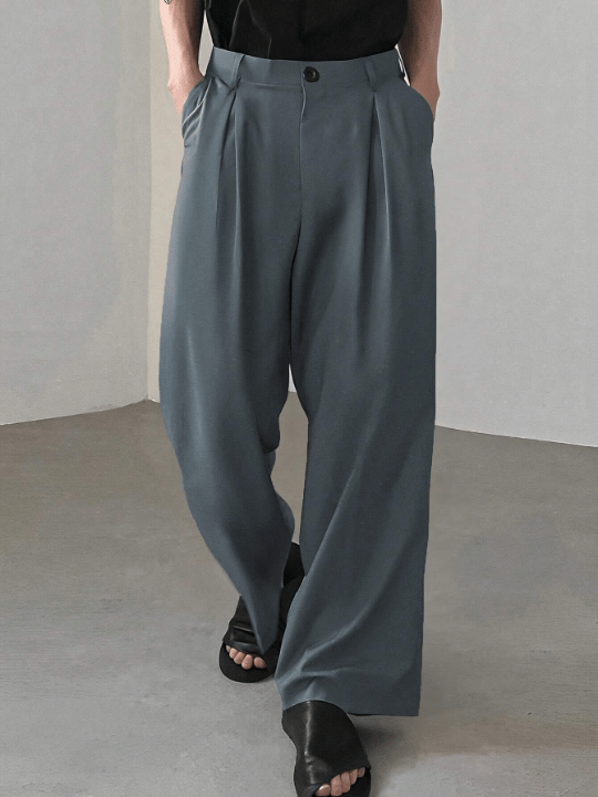 Manfinity Men's Solid Color Wide Leg Pants With Pleats And Slant Pockets - Lolli World Marketplace