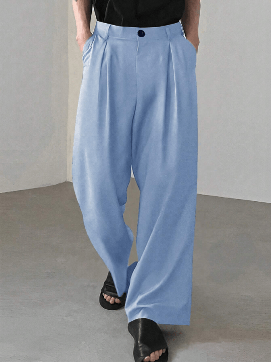 Manfinity Men's Wide Leg Trousers With Pleats And Slanted Pockets In Solid Color - Lolli World Marketplace