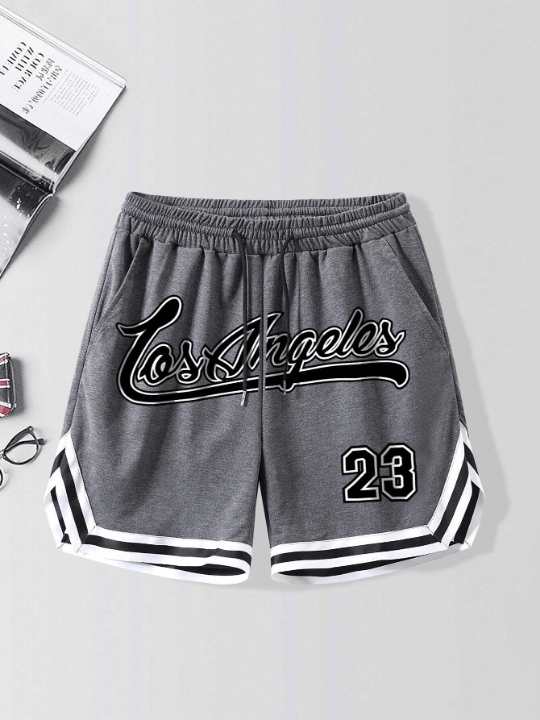 Manfinity Sporsity Manfinity Loose Fit Men's Letter Graphic Striped Trim Drawstring Elastic Waist Track Grey Shorts - Lolli World Marketplace