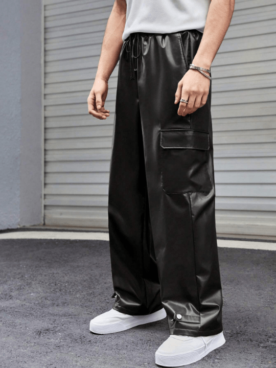 Manfinity Unisex 1pc Drawstring Waist Flap Pocket Side PU Leather Cargo Pants - Lolli World Marketplace
