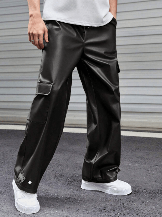 Manfinity Unisex 1pc Drawstring Waist Flap Pocket Side PU Leather Cargo Pants - Lolli World Marketplace