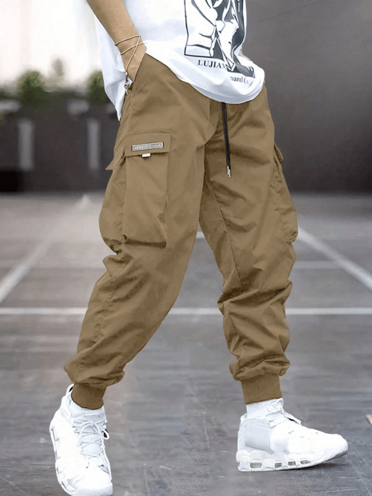 Men Letter Graphic Flap Pocket Drawstring Waist Cargo Pants - Lolli World Marketplace