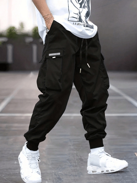 Men Letter Graphic Flap Pocket Drawstring Waist Cargo Pants - Lolli World Marketplace