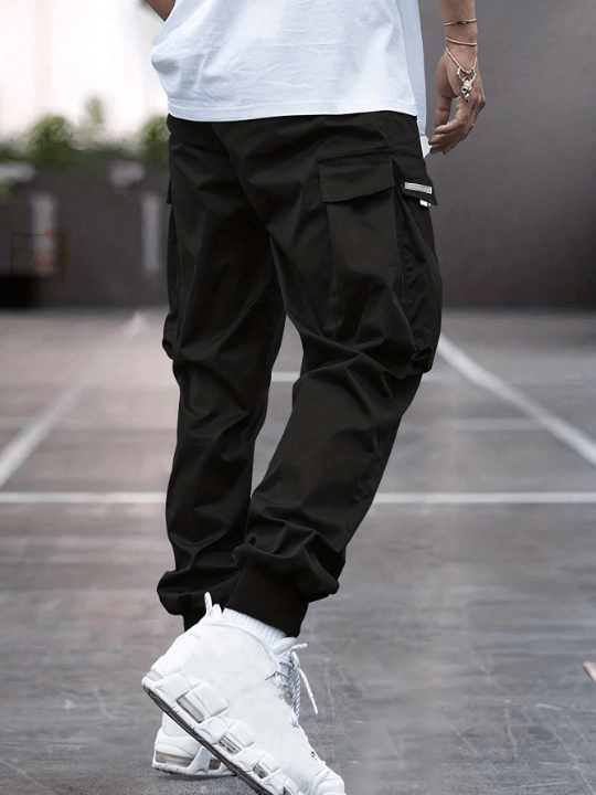 Men Letter Graphic Flap Pocket Drawstring Waist Cargo Pants - Lolli World Marketplace