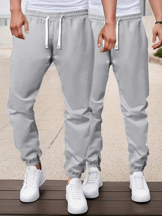 Men's 2pcs/Set Spring/Summer Fashionable Solid Color Casual Pants With Pockets And Elastic Drawstring Waistband - Lolli World Marketplace
