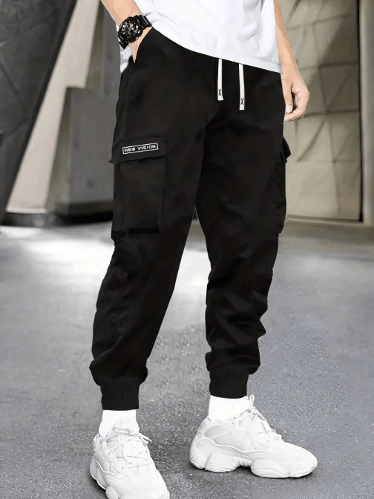 Men's Spring/Fall Trendy Letter Print Drawstring Waistband Cargo Sweatpants - Lolli World Marketplace
