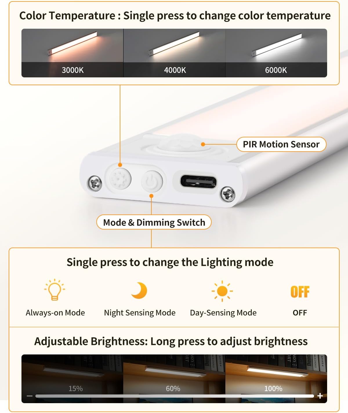 Motion Sensor Light Indoor Lighting with 3 Colors Rechargeable Lamp 60cm