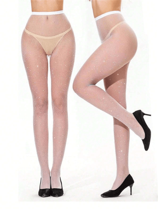New Fashion Sexy Lingerie Fishnet Stockings With Rhinestones, Crotchless And High Waist Tights With Open Crotch - Lolli World Marketplace