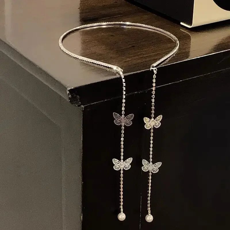 New Korean Butterfly Hairbands for Women Rhinestone Crystal Long Tassel Pearl Chain Headband Headwear Hair Jewelry Accessories