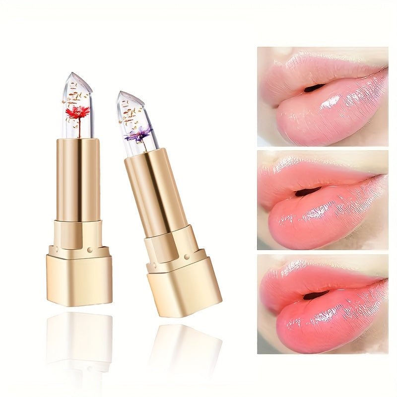 Pack of 2 Crystal Flower Jelly Lipstick, Color - Changing Lipstick, Long - Lasting Nourishing Lip Balm, Moisturizing Magic Temperature Color - Change Lip Gloss