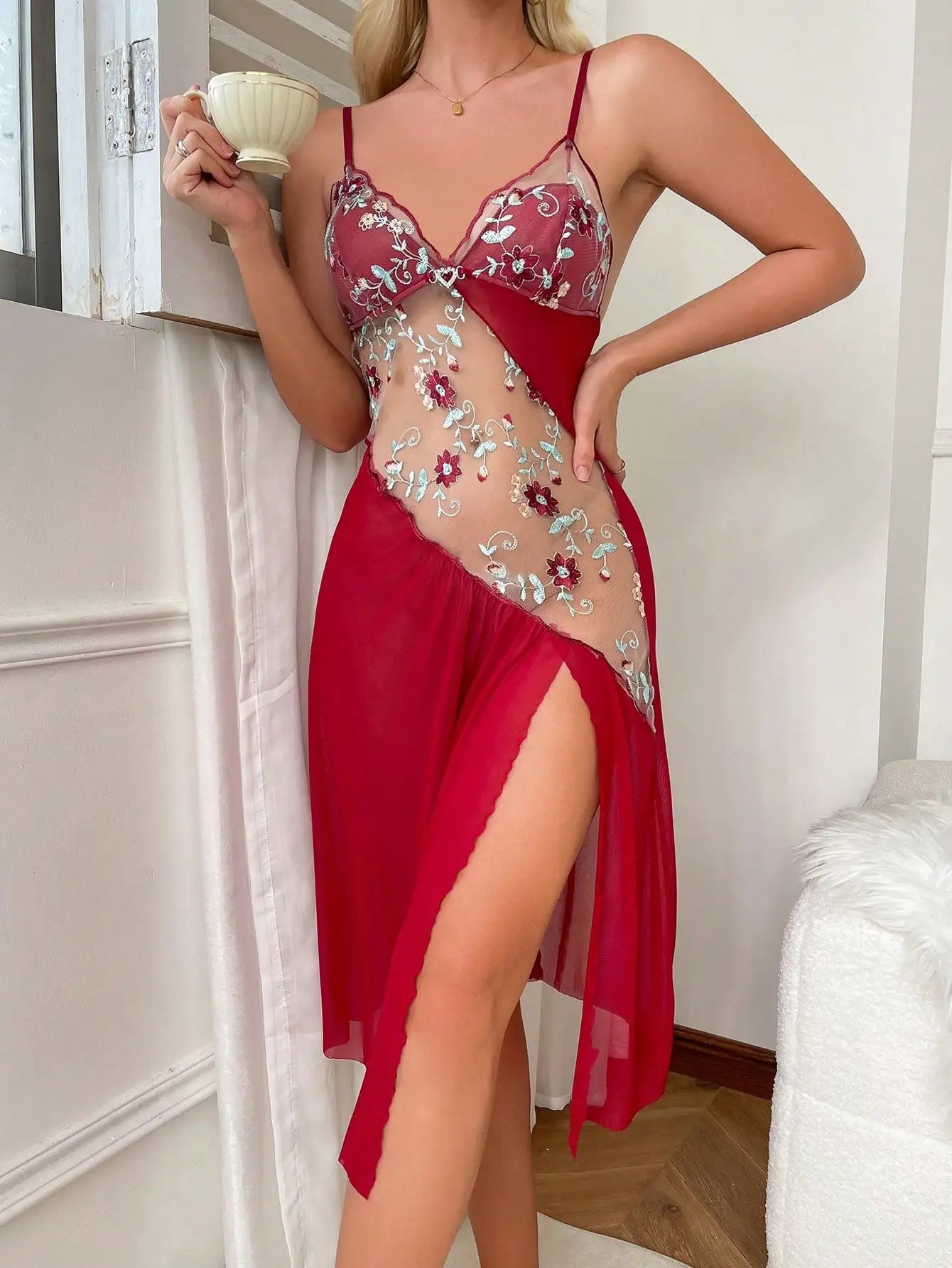 Pink Flower Printed Women Open Back Split Nightdress Homewear Lace Sexy V - Neck Perspective Summer Thin Breathable Slip Sleepwear